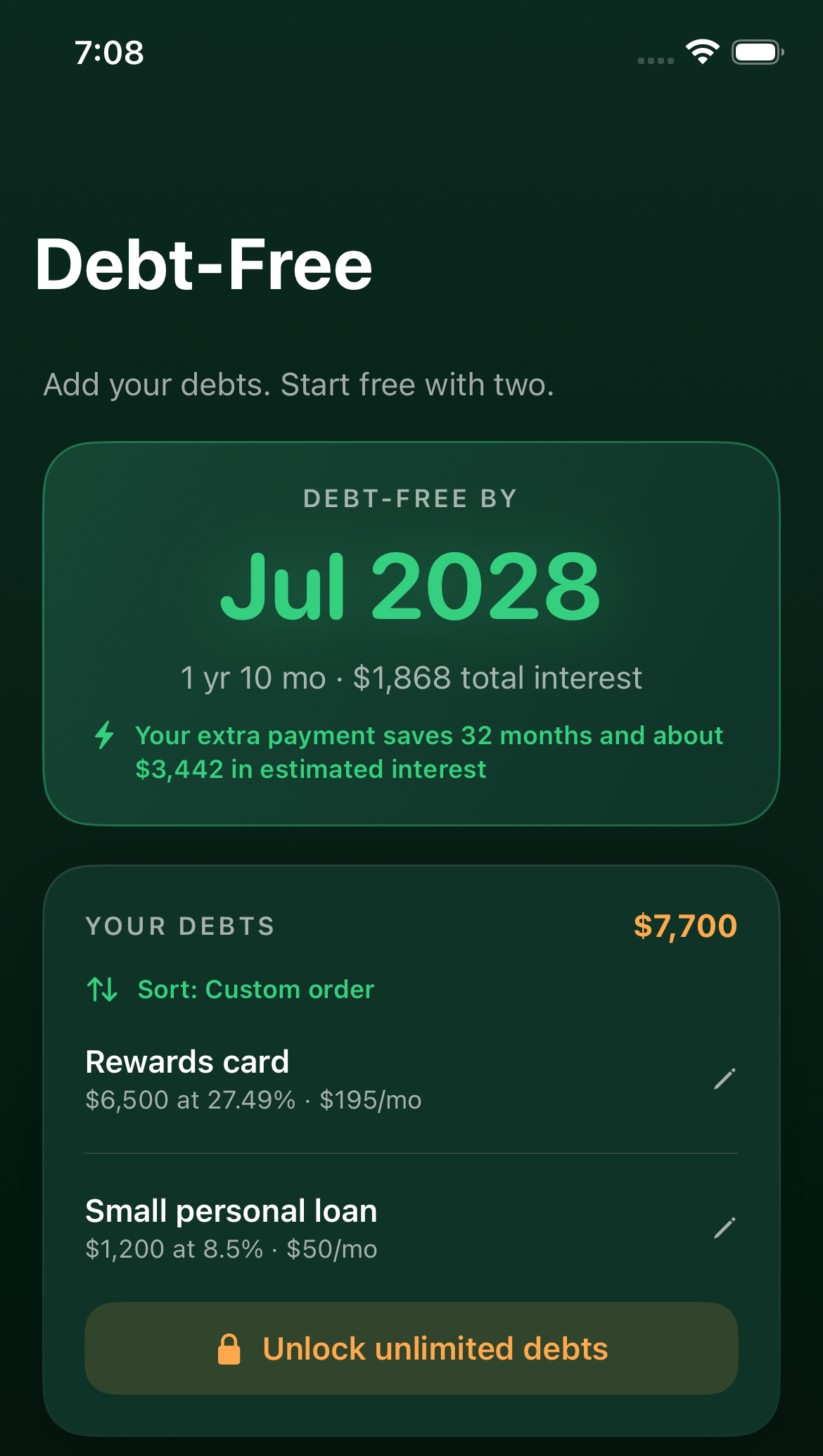 Actual Debt-Free plan with fictional Rewards card and personal loan; an illustrative estimated payoff timeline.