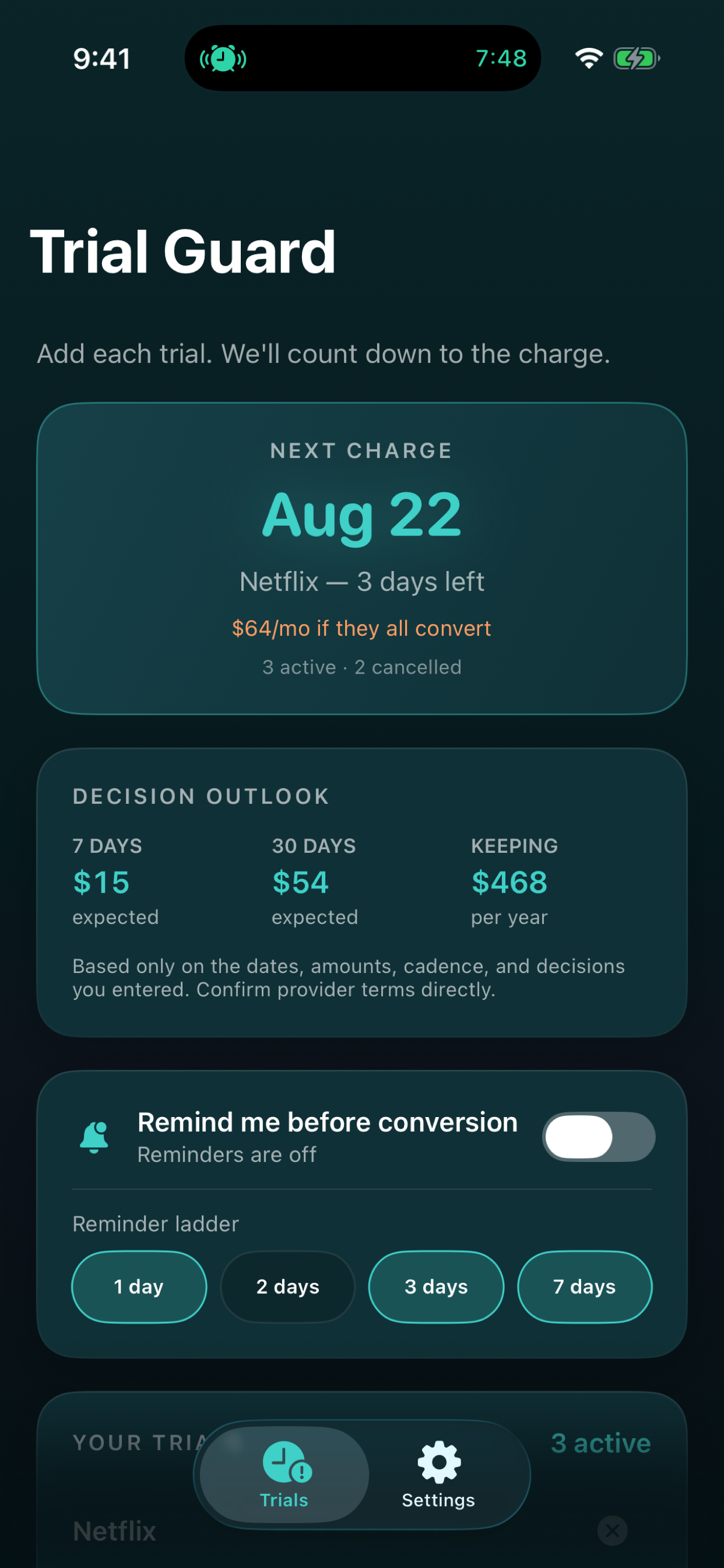 Trial Guard app screen 2